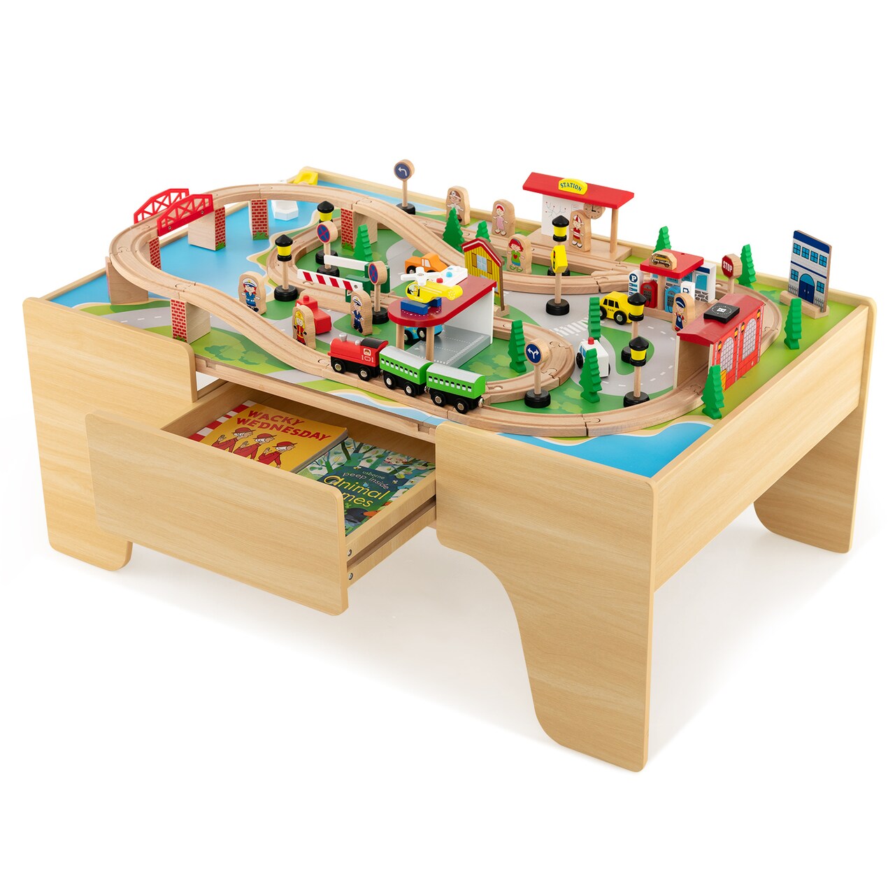 Natural Wood and MDF Train Set Table with Reversible Top and Storage Drawer